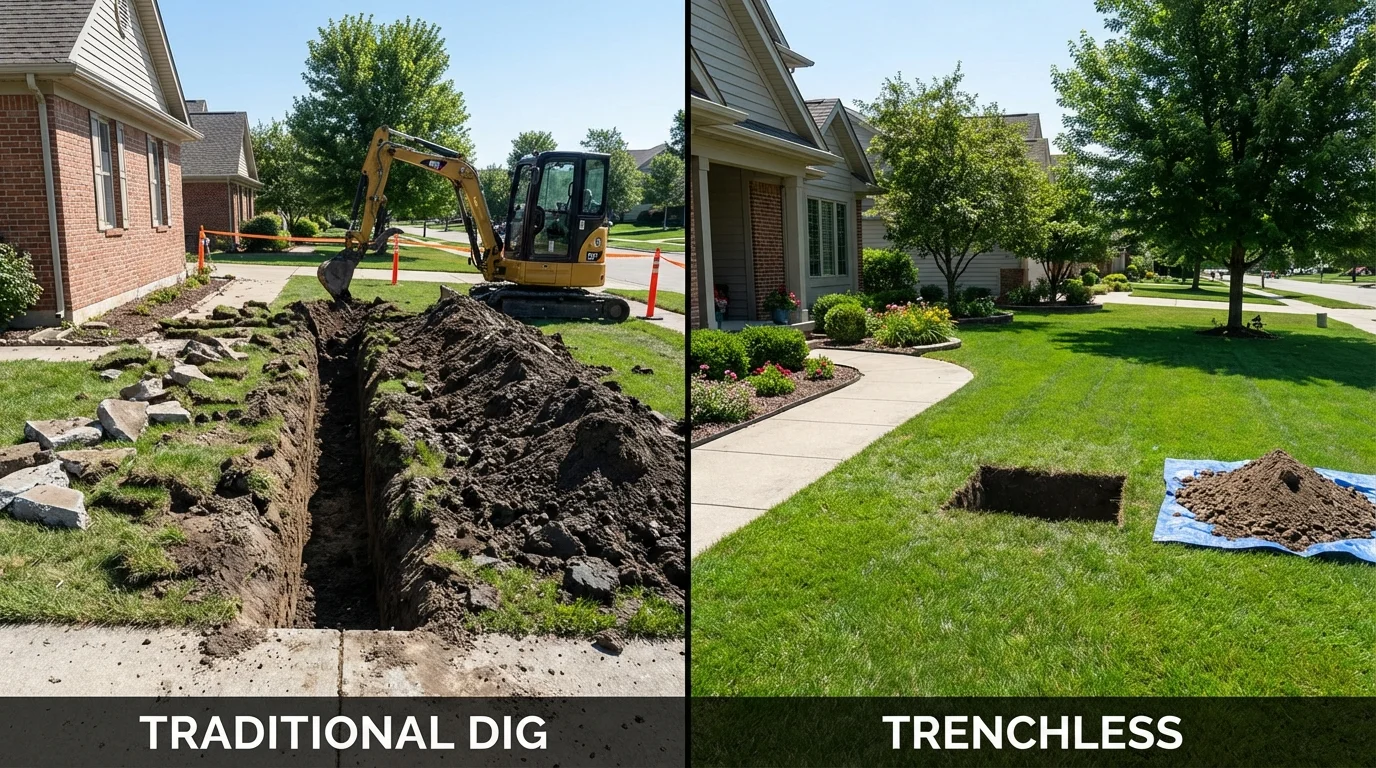Trenchless sewer repair with minimal yard damage versus traditional excavation in Bainbridge, OH